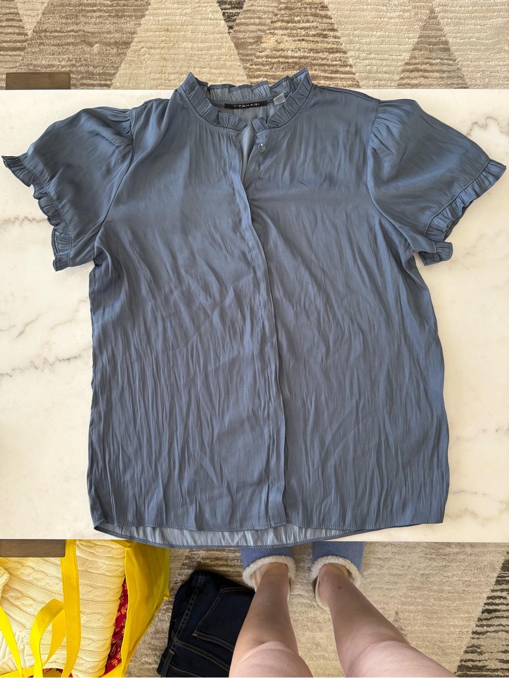 Tahari Blue Gray Ruffle Neck Blouse